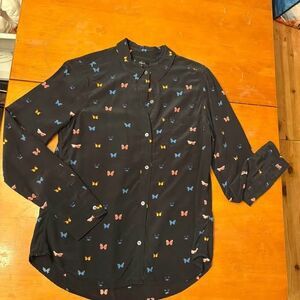 Rails 100% Silk Black Colorful Butterfly Long Sleeve Button Up Shirt Women's Med